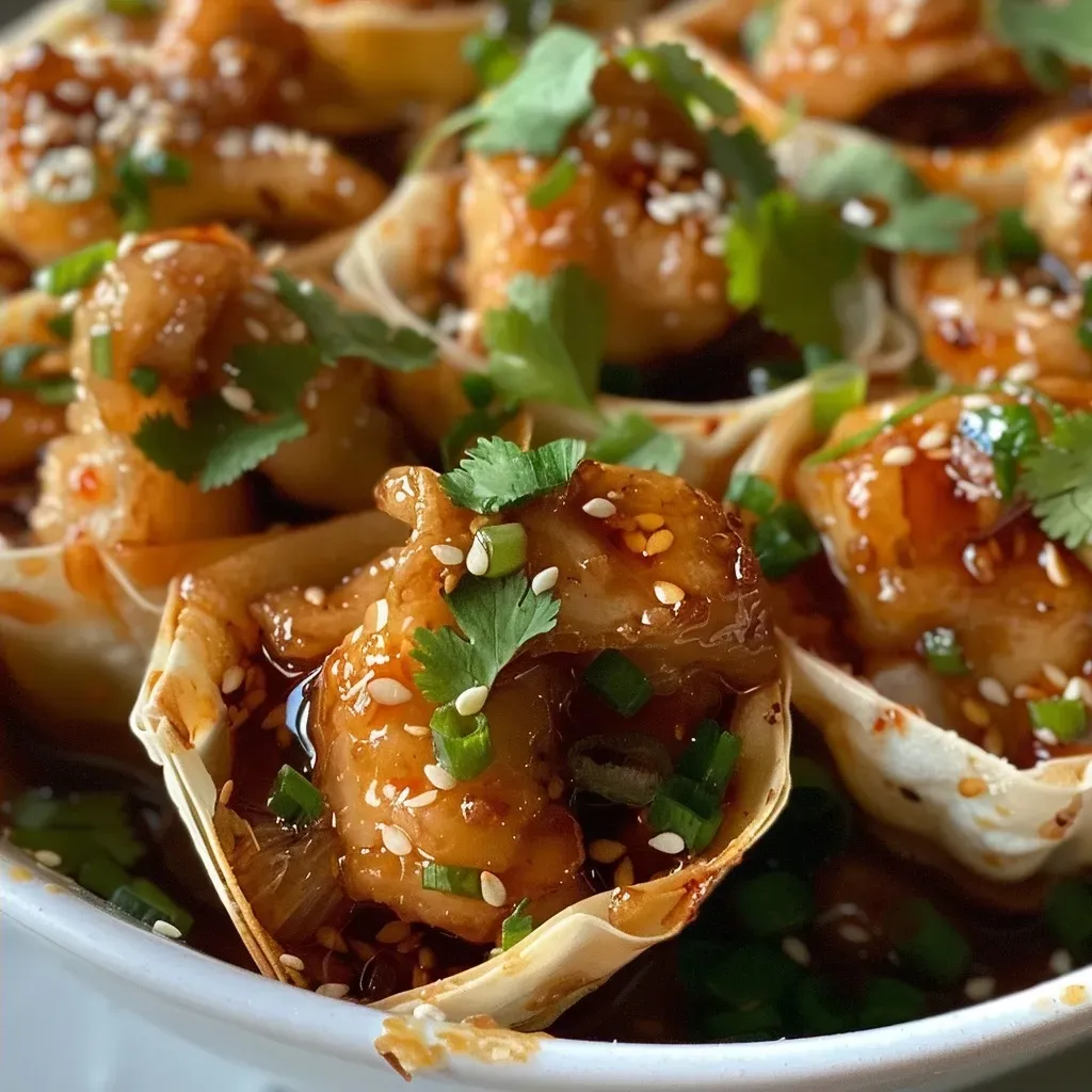 ['Close-up view of crispy chicken wonton cups filled with ground chicken and garnished with green onions and sesame seeds.', 'Side angle of savory chicken wonton cups showcasing their golden crispy edges and vibrant filling.', 'Juicy chicken wonton cups arranged neatly, topped with cilantro and sesame seeds, highlighting their delicious texture.', 'Delicious wonton cups filled with ground chicken and garnished with fresh herbs, displaying a golden-brown appearance.']