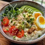 ['Side view of a bowl filled with savory overnight oats topped with cherry tomatoes, avocado slices, and a soft-boiled egg.', 'Close-up of a creamy mixture of oats and Greek yogurt garnished with microgreens and sprinkled with everything bagel seasoning.', 'Colorful presentation of savory overnight oats featuring sliced scallions, Parmesan cheese, and various toppings.', 'Side shot of a healthy breakfast bowl showcasing savory overnight oats and vibrant fresh ingredients.']