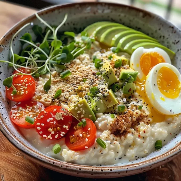 ['Side view of a bowl filled with savory overnight oats topped with cherry tomatoes, avocado slices, and a soft-boiled egg.', 'Close-up of a creamy mixture of oats and Greek yogurt garnished with microgreens and sprinkled with everything bagel seasoning.', 'Colorful presentation of savory overnight oats featuring sliced scallions, Parmesan cheese, and various toppings.', 'Side shot of a healthy breakfast bowl showcasing savory overnight oats and vibrant fresh ingredients.']