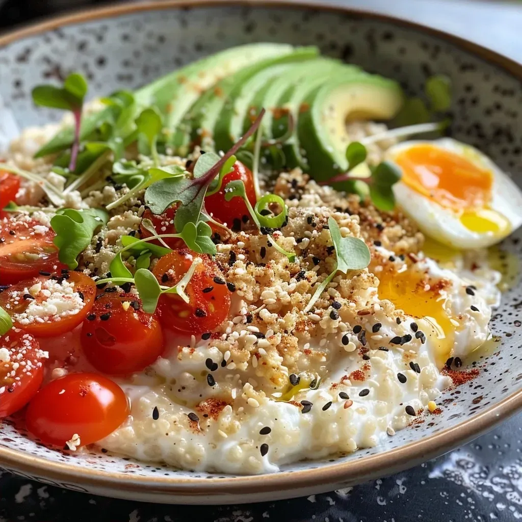['Side view of a bowl filled with savory overnight oats topped with cherry tomatoes, avocado slices, and a soft-boiled egg.', 'Close-up of a creamy mixture of oats and Greek yogurt garnished with microgreens and sprinkled with everything bagel seasoning.', 'Colorful presentation of savory overnight oats featuring sliced scallions, Parmesan cheese, and various toppings.', 'Side shot of a healthy breakfast bowl showcasing savory overnight oats and vibrant fresh ingredients.']