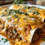 ['Close-up view of juicy ground beef burritos smothered in creamy sauce.', 'Side view of savory burritos filled with ground beef and topped with chipotle sauce.', 'Detailed shot of flour tortillas wrapped around ground beef, drenched in creamy chipotle sauce.', 'Appetizing burritos with visible fillings and a rich, creamy sauce on top.']