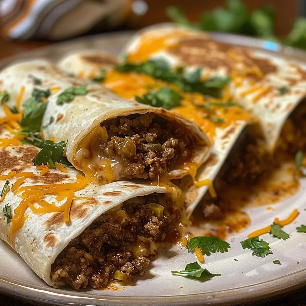 ['Close-up view of juicy ground beef burritos smothered in creamy sauce.', 'Side view of savory burritos filled with ground beef and topped with chipotle sauce.', 'Detailed shot of flour tortillas wrapped around ground beef, drenched in creamy chipotle sauce.', 'Appetizing burritos with visible fillings and a rich, creamy sauce on top.']