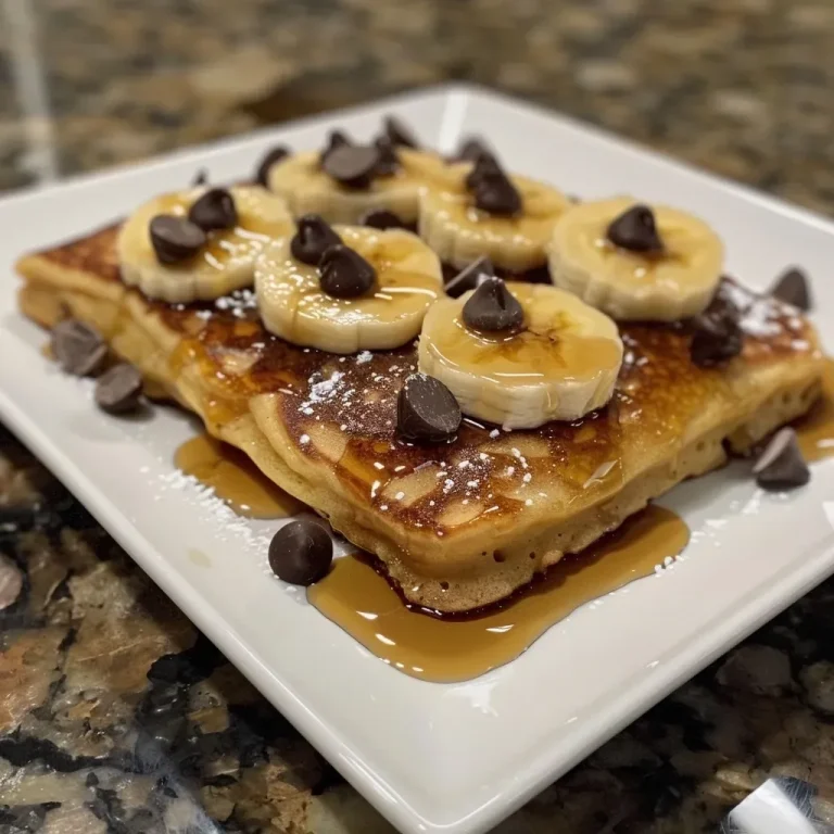 ['A close-up side view of golden brown sheet pan pancakes topped with banana slices and chocolate chips.', 'Juicy sheet pan pancakes with chocolate chips and banana, captured from the side in high detail.', 'A delicious serving of fluffy sheet pan pancakes adorned with sliced bananas and melted chocolate chips.', 'Close view of mouthwatering sheet pan pancakes featuring banana and chocolate chip toppings.']