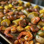['A close-up view of a delicious Sheet Pan Shrimp Boil, showcasing shrimp, sausage, potatoes, and corn.', 'Side view of a vibrant Sheet Pan Shrimp Boil with shrimp, smoked sausage, corn, and potatoes arranged beautifully.', 'A mouthwatering Sheet Pan Shrimp Boil featuring shrimp, sliced sausage, potatoes, corn, and fresh herbs.', 'A colorful close-up of a Sheet Pan Shrimp Boil, highlighting juicy shrimp, vegetables, and spices.']