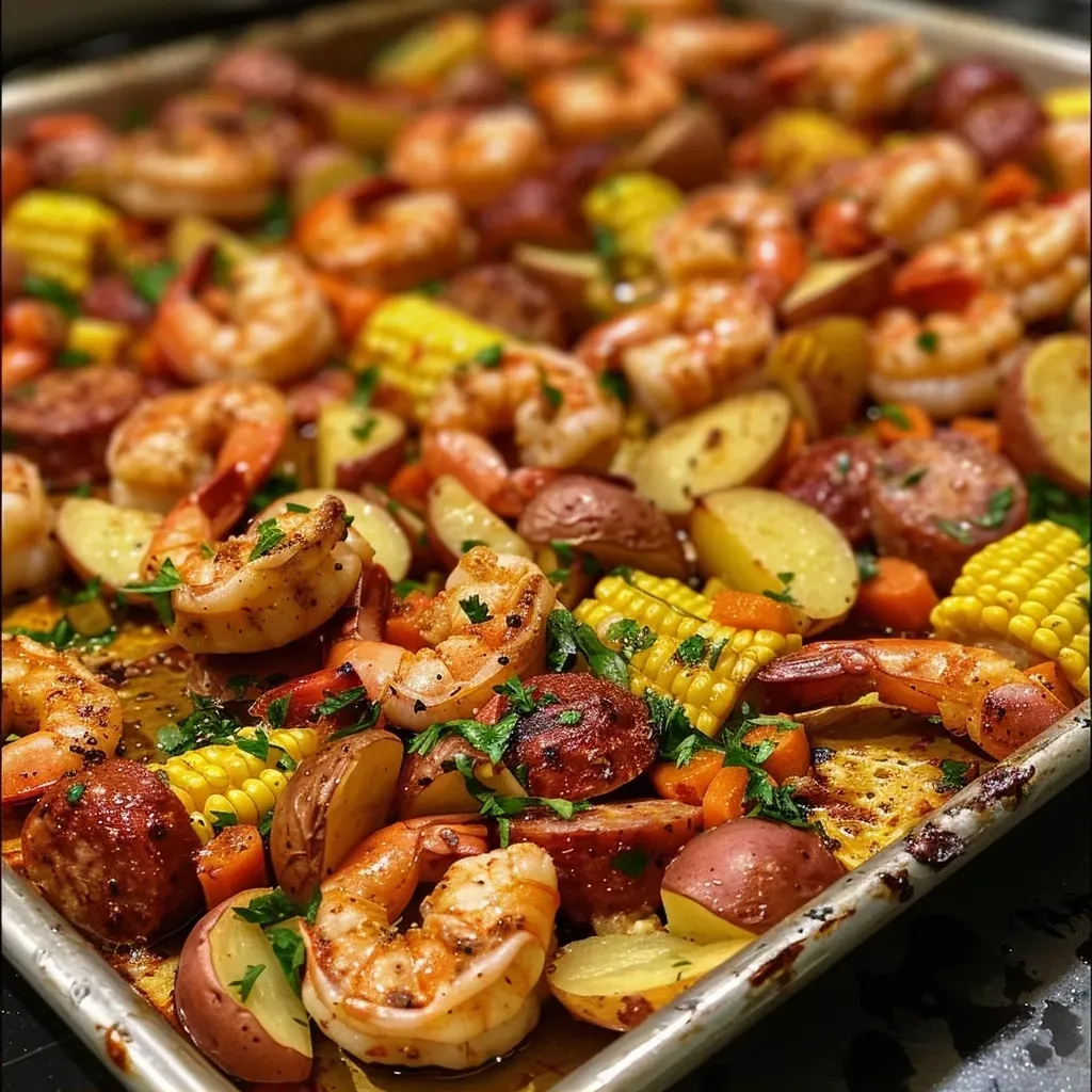 ['A close-up view of a delicious Sheet Pan Shrimp Boil, showcasing shrimp, sausage, potatoes, and corn.', 'Side view of a vibrant Sheet Pan Shrimp Boil with shrimp, smoked sausage, corn, and potatoes arranged beautifully.', 'A mouthwatering Sheet Pan Shrimp Boil featuring shrimp, sliced sausage, potatoes, corn, and fresh herbs.', 'A colorful close-up of a Sheet Pan Shrimp Boil, highlighting juicy shrimp, vegetables, and spices.']