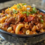['Close-up of a creamy chili mac dish with melted cheese on top.', 'Side view of a hearty bowl of chili mac, showcasing ground beef and pasta.', 'Juicy chili mac filled with elbow macaroni, garnished with cheese.', 'Delicious chili mac served in a bowl, highlighting its creamy texture.']