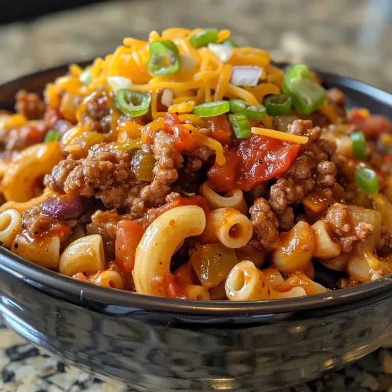 ['Close-up of a creamy chili mac dish with melted cheese on top.', 'Side view of a hearty bowl of chili mac, showcasing ground beef and pasta.', 'Juicy chili mac filled with elbow macaroni, garnished with cheese.', 'Delicious chili mac served in a bowl, highlighting its creamy texture.']