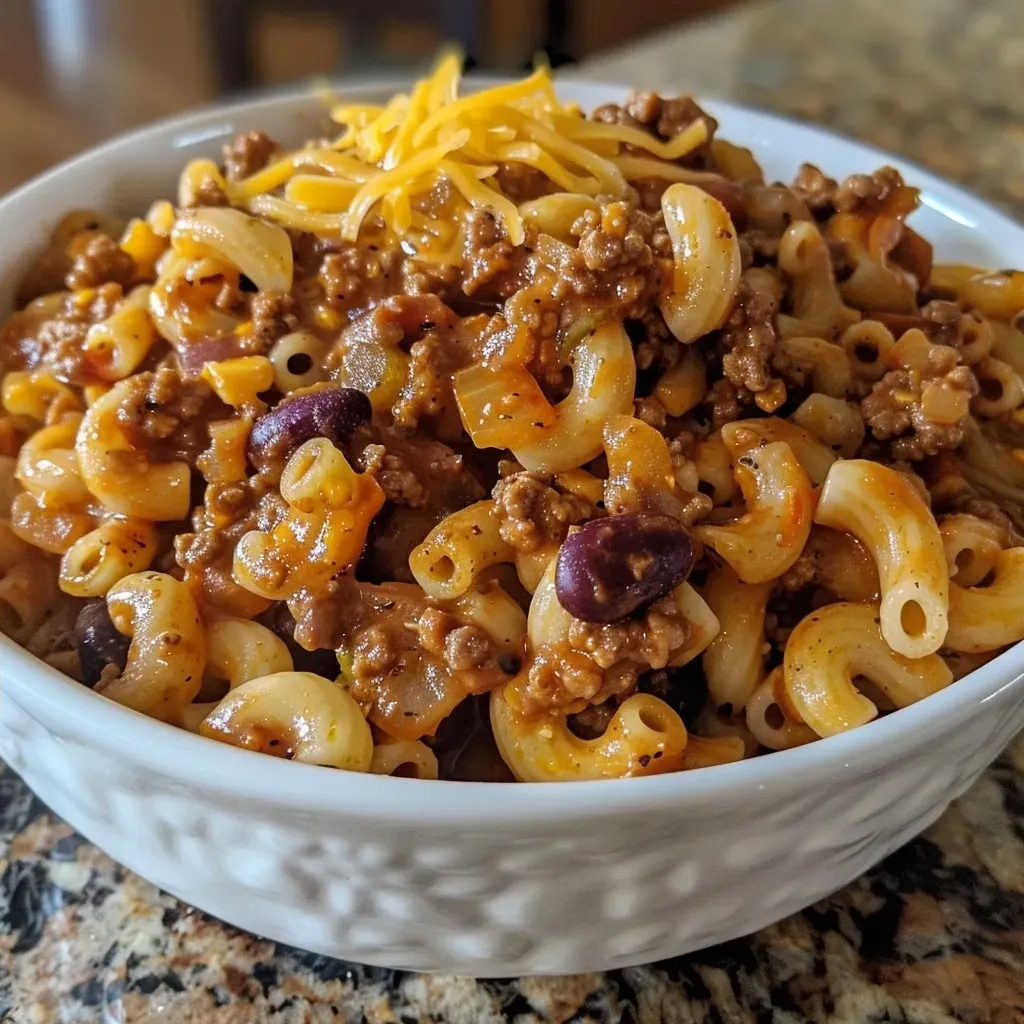 ['Close-up of a creamy chili mac dish with melted cheese on top.', 'Side view of a hearty bowl of chili mac, showcasing ground beef and pasta.', 'Juicy chili mac filled with elbow macaroni, garnished with cheese.', 'Delicious chili mac served in a bowl, highlighting its creamy texture.']