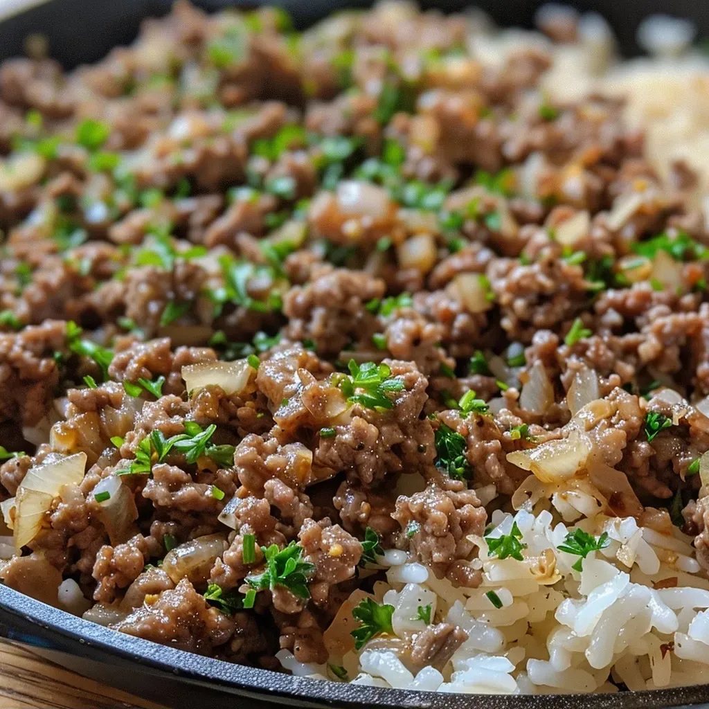 ['Close-up view of Skillet Garlic Butter Ground Beef and Rice, showcasing the juicy beef and fluffy rice.', 'Side angle of a serving of garlic butter ground beef and rice, with visible herbs and spices.', 'Delicious plate of ground beef and rice cooked in garlic butter, garnished with parsley.', 'Appetizing close-up of a skillet filled with ground beef, rice, and melted butter, highlighting the texture.']
