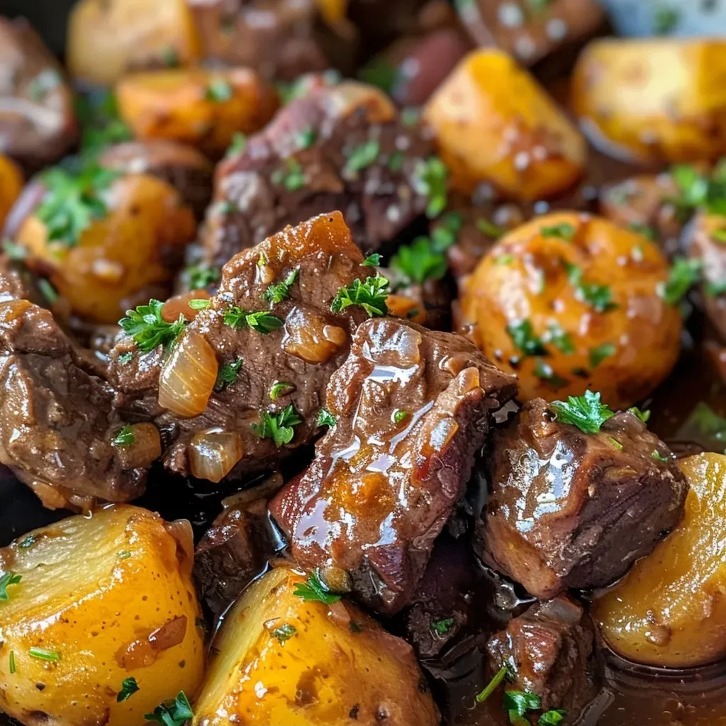 ['Close-up view of juicy garlic butter beef bites with baby potatoes in a slow cooker.', 'Side angle shot of tender beef stew meat and potatoes coated in garlic butter.', 'Crispy garlic butter beef bites and halved baby potatoes in a rich sauce.', 'Appetizing display of slow-cooked beef and potatoes garnished with parsley.']