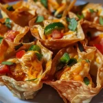 ['Close-up of colorful Southwest Chicken Wonton Cups filled with chicken, peppers, and cheese.', 'Side view of crispy wonton cups topped with diced chicken and vibrant green and red peppers.', 'Juicy Southwest Chicken Wonton Cups arranged on a plate with a creamy topping and cheese.', 'Deliciously baked wonton cups showcasing a hearty filling of chicken and savory spices.']