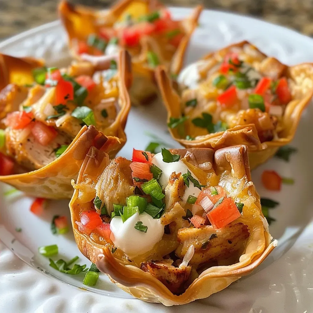 ['Close-up of colorful Southwest Chicken Wonton Cups filled with chicken, peppers, and cheese.', 'Side view of crispy wonton cups topped with diced chicken and vibrant green and red peppers.', 'Juicy Southwest Chicken Wonton Cups arranged on a plate with a creamy topping and cheese.', 'Deliciously baked wonton cups showcasing a hearty filling of chicken and savory spices.']