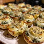['Juicy Spinach Artichoke Bites on a wooden platter, showcasing a golden-brown exterior.', 'Close-up shot of Spinach Artichoke Bites with melted cheese oozing out, served on a decorative plate.', 'Appetizing Spinach Artichoke Bites arranged neatly with a side of dipping sauce.', 'Freshly baked Spinach Artichoke Bites highlighted against a rustic background.']