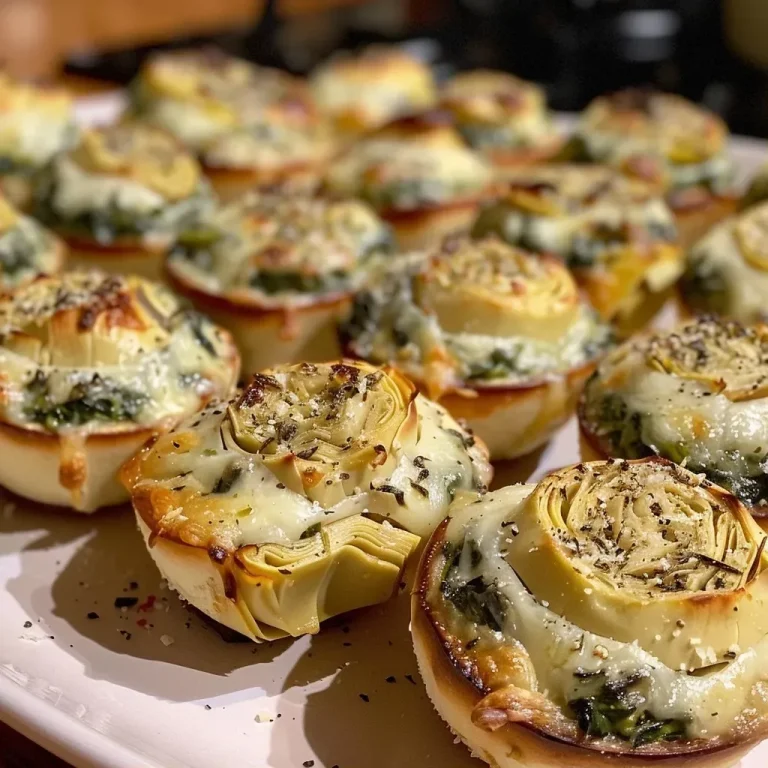 ['Juicy Spinach Artichoke Bites on a wooden platter, showcasing a golden-brown exterior.', 'Close-up shot of Spinach Artichoke Bites with melted cheese oozing out, served on a decorative plate.', 'Appetizing Spinach Artichoke Bites arranged neatly with a side of dipping sauce.', 'Freshly baked Spinach Artichoke Bites highlighted against a rustic background.']