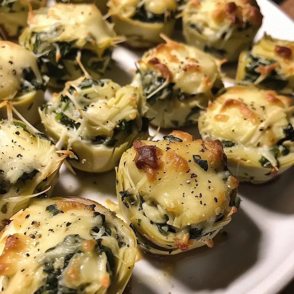['Juicy Spinach Artichoke Bites on a wooden platter, showcasing a golden-brown exterior.', 'Close-up shot of Spinach Artichoke Bites with melted cheese oozing out, served on a decorative plate.', 'Appetizing Spinach Artichoke Bites arranged neatly with a side of dipping sauce.', 'Freshly baked Spinach Artichoke Bites highlighted against a rustic background.']