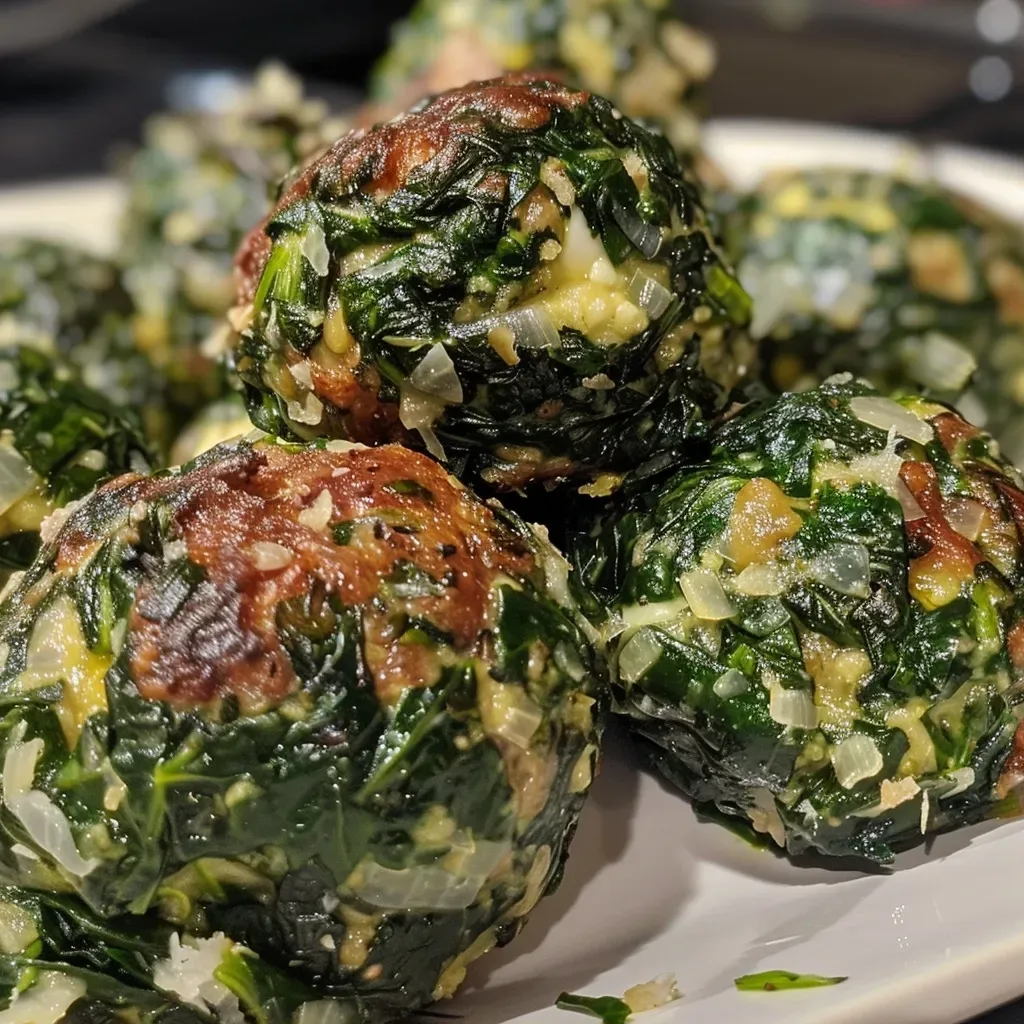 ['Close-up view of golden-brown spinach balls on a white plate.', 'Juicy spinach balls with a crispy exterior, arranged artistically.', 'A side view of spinach balls showcasing their texture and color.', 'Delicious spinach balls garnished on a wooden table.']