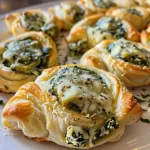 ['Close-up view of golden brown spinach dip bites on a plate.', 'Side view of delicious spinach dip bites with gooey cheese texture.', 'Platter of fresh spinach dip bites showcasing melted cheese.', 'Juicy spinach dip bites arranged neatly, featuring crispy crescent dough.']