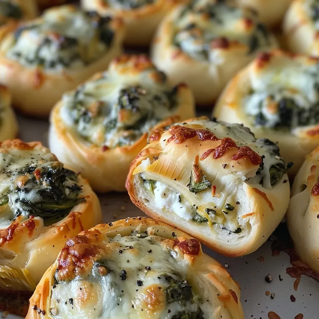 ['Close-up view of golden brown spinach dip bites on a plate.', 'Side view of delicious spinach dip bites with gooey cheese texture.', 'Platter of fresh spinach dip bites showcasing melted cheese.', 'Juicy spinach dip bites arranged neatly, featuring crispy crescent dough.']