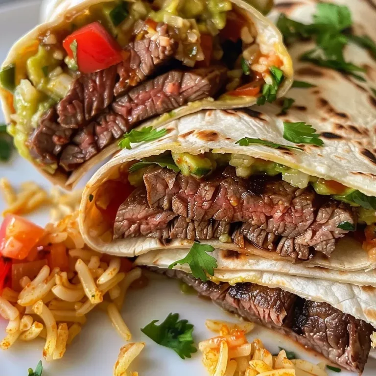 ['Close-up view of juicy steak burritos filled with fresh ingredients.', 'Side view of a delicious steak burrito showcasing vibrant toppings.', 'Mouthwatering steak burrito with colorful toppings and rice visible.', 'Detailed close-up of a steak burrito with guacamole and pico de gallo.']