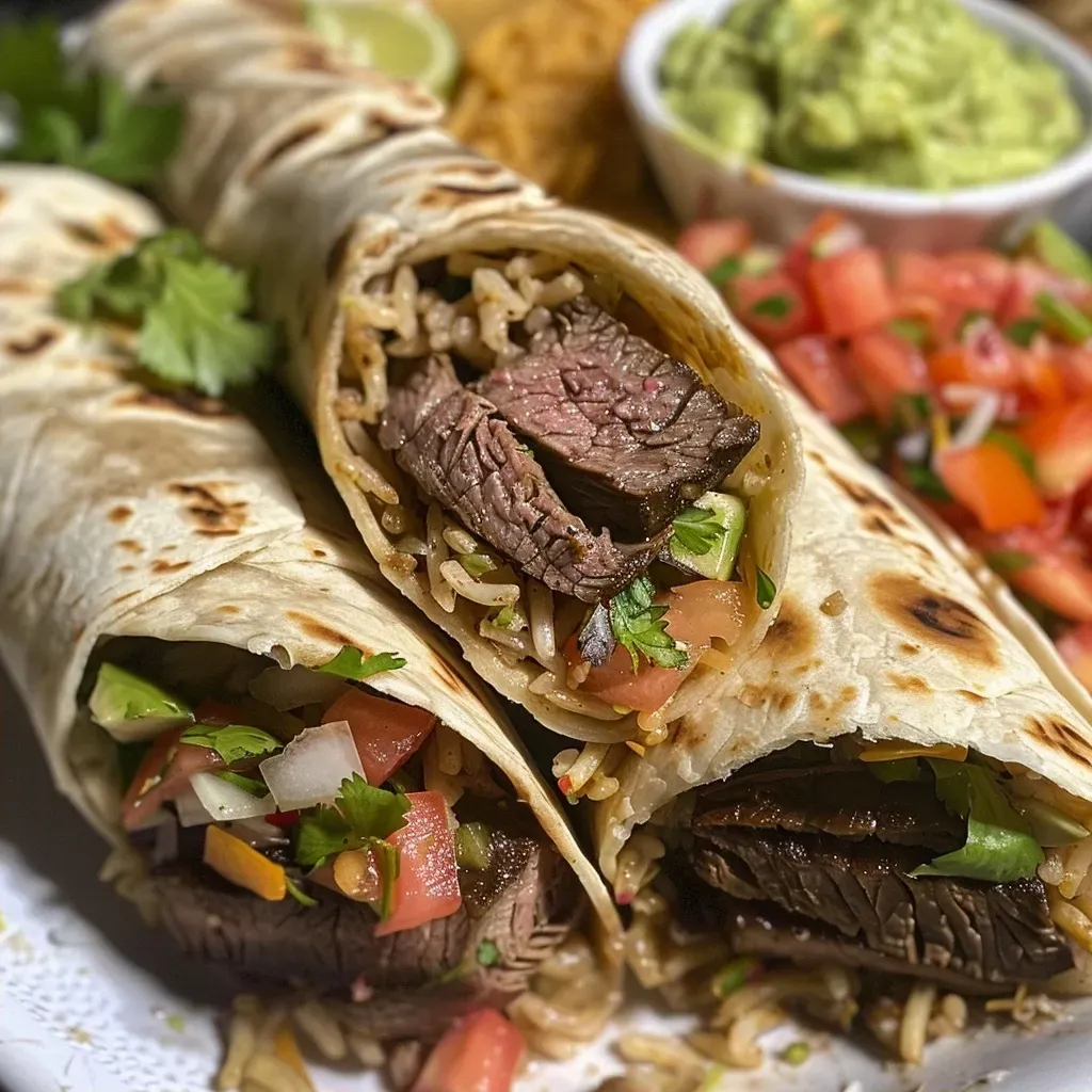 ['Close-up view of juicy steak burritos filled with fresh ingredients.', 'Side view of a delicious steak burrito showcasing vibrant toppings.', 'Mouthwatering steak burrito with colorful toppings and rice visible.', 'Detailed close-up of a steak burrito with guacamole and pico de gallo.']