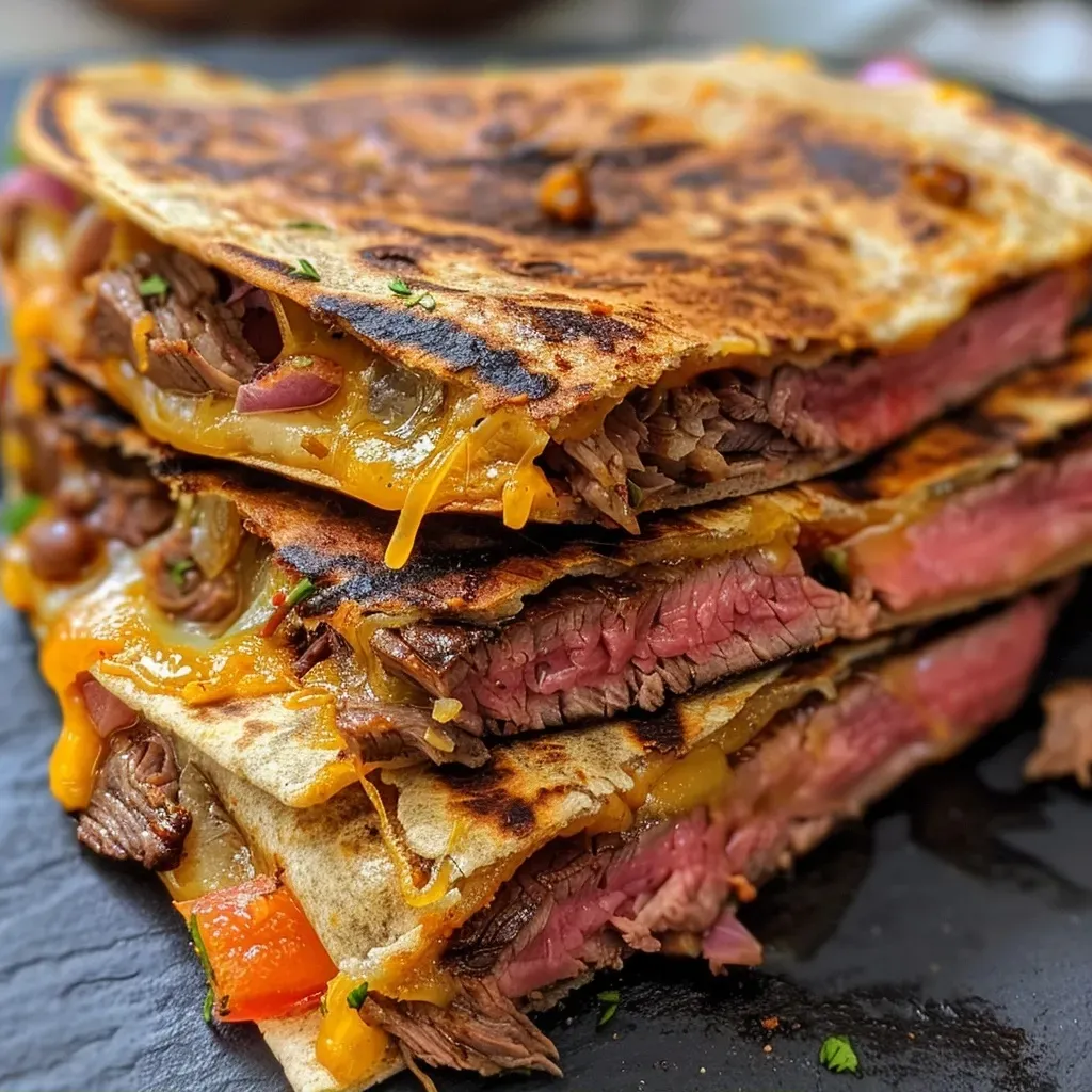 ['Close-up view of a slice of juicy steak quesadilla, showcasing melted cheese and colorful vegetables.', 'Side view of a freshly made steak quesadilla filled with steak, cheese, and bell peppers, placed on a rustic wooden table.', 'Appetizing steak quesadilla with a golden-brown exterior, revealing diced tomatoes and vibrant bell pepper inside.', 'Delicious steak quesadilla cut into triangles, featuring a blend of cheeses and steak visible in the filling.']