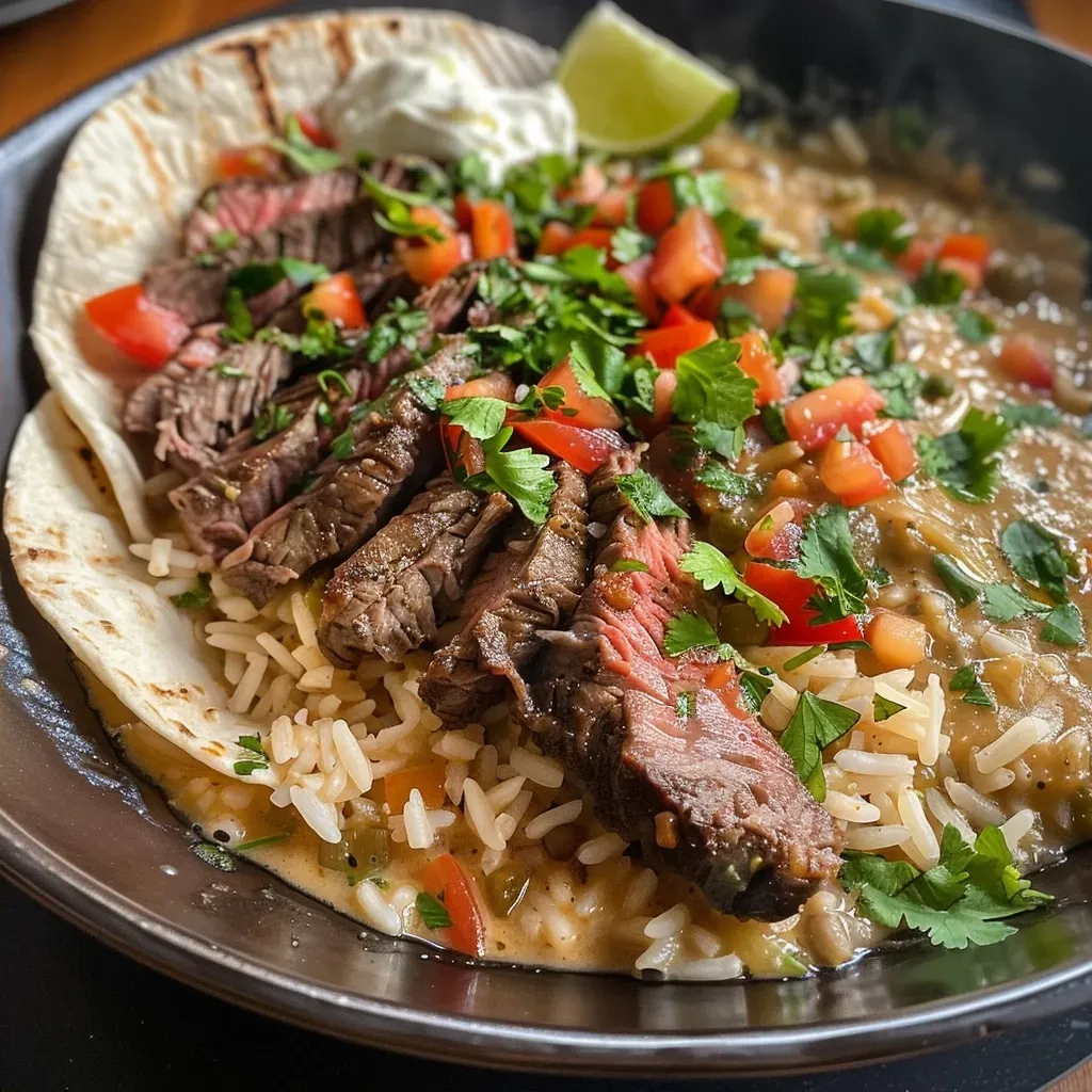 ['A close-up view of juicy steak and cheesy rice topped with cilantro.', 'Side view of a colorful bowl filled with steak, queso, and garnished rice.', 'A vibrant plate showcasing tender steak and creamy queso over fluffy rice.', 'Rich and appetizing steak and queso rice dish served in a cozy setting.']
