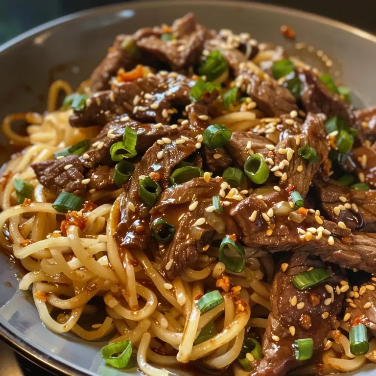 ['Close-up of juicy sticky beef noodles with a glossy glaze and colorful toppings.', 'Side view of a bowl filled with sticky beef noodles, showcasing tender beef and green onions.', 'Detailed image of sticky beef noodles, highlighting the rich sauce and garnishes.', 'Close-up of a delicious plate of sticky beef noodles, displaying vibrant colors and textures.']