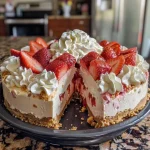 ['Close-up view of a strawberry crunch cheesecake with a crumbly crust and whipped topping.', 'Side view of a layered strawberry cheesecake showcasing its crunchy crust and creamy filling.', 'Juicy strawberry crunch cheesecake display highlighting its vibrant layers and garnishes.', 'Detail of a decadent cheesecake topped with whipped cream and strawberry crunch, set against a simple background.']