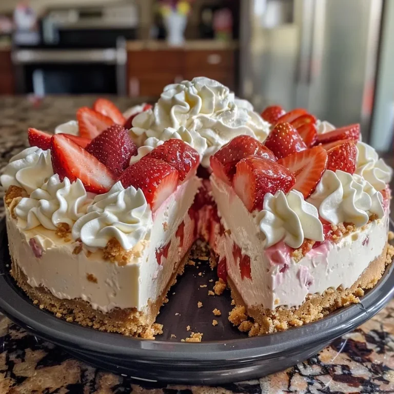 ['Close-up view of a strawberry crunch cheesecake with a crumbly crust and whipped topping.', 'Side view of a layered strawberry cheesecake showcasing its crunchy crust and creamy filling.', 'Juicy strawberry crunch cheesecake display highlighting its vibrant layers and garnishes.', 'Detail of a decadent cheesecake topped with whipped cream and strawberry crunch, set against a simple background.']