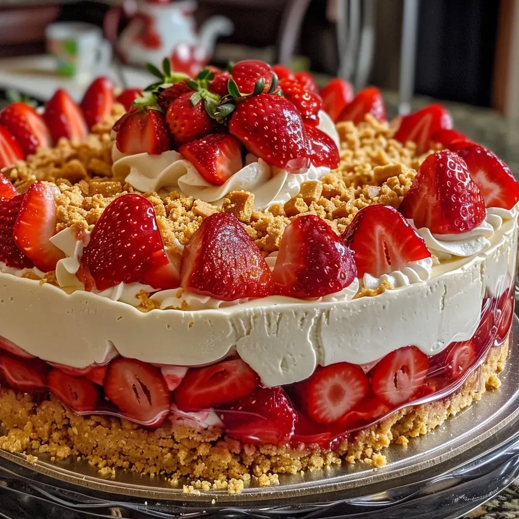 ['Close-up view of a strawberry crunch cheesecake with a crumbly crust and whipped topping.', 'Side view of a layered strawberry cheesecake showcasing its crunchy crust and creamy filling.', 'Juicy strawberry crunch cheesecake display highlighting its vibrant layers and garnishes.', 'Detail of a decadent cheesecake topped with whipped cream and strawberry crunch, set against a simple background.']