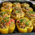 ['Close-up view of vibrant, stuffed bell peppers filled with ground beef and rice.', 'Side perspective of juicy stuffed bell peppers, showcasing colorful ingredients inside.', 'Detailed shot of red and green bell peppers stuffed with a savory mixture, highlighting textures.', 'Close-up of delicious stuffed bell peppers on a plate, with visible diced vegetables and spices.']