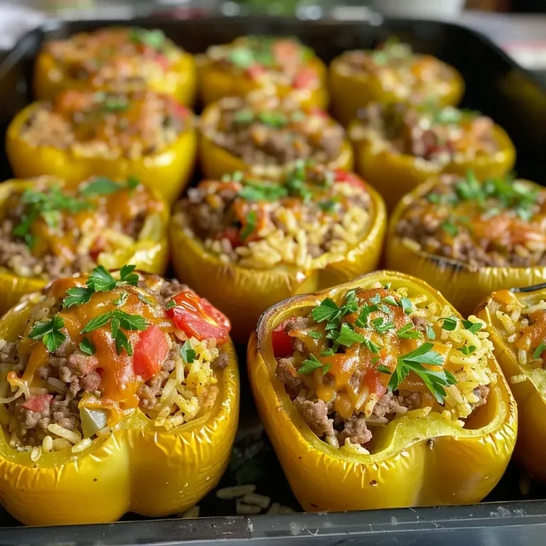 ['Close-up view of vibrant, stuffed bell peppers filled with ground beef and rice.', 'Side perspective of juicy stuffed bell peppers, showcasing colorful ingredients inside.', 'Detailed shot of red and green bell peppers stuffed with a savory mixture, highlighting textures.', 'Close-up of delicious stuffed bell peppers on a plate, with visible diced vegetables and spices.']