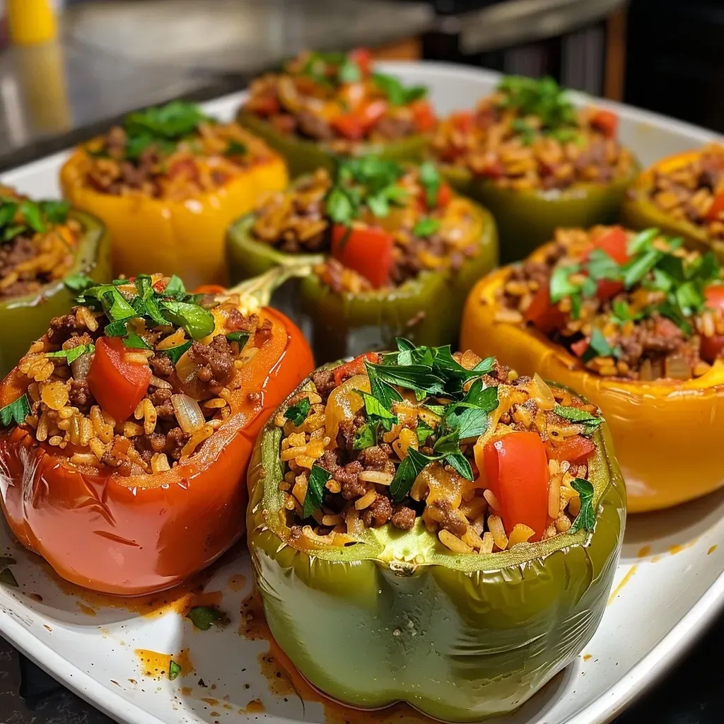 ['Close-up view of vibrant, stuffed bell peppers filled with ground beef and rice.', 'Side perspective of juicy stuffed bell peppers, showcasing colorful ingredients inside.', 'Detailed shot of red and green bell peppers stuffed with a savory mixture, highlighting textures.', 'Close-up of delicious stuffed bell peppers on a plate, with visible diced vegetables and spices.']