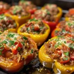 ['Close-up view of juicy stuffed peppers filled with ground beef and rice.', 'Colorful bell peppers cut in half, showcasing a savory filling of beef and tomatoes.', 'A side view of delicious stuffed peppers, vibrant and appetizing, topped with cheese.', 'Freshly prepared stuffed bell peppers displaying a rich mixture of ingredients inside.']