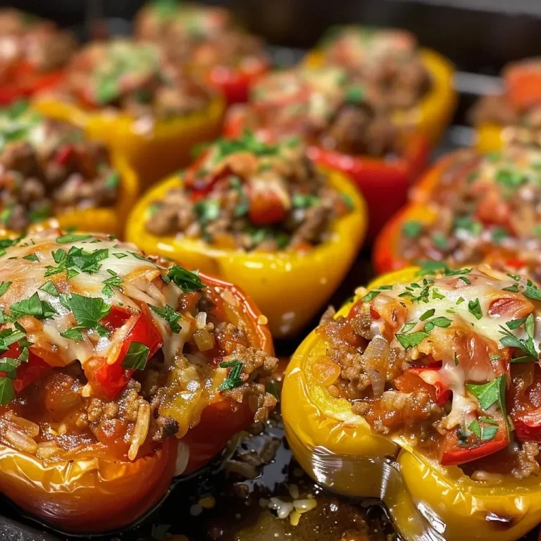 ['Close-up view of juicy stuffed peppers filled with ground beef and rice.', 'Colorful bell peppers cut in half, showcasing a savory filling of beef and tomatoes.', 'A side view of delicious stuffed peppers, vibrant and appetizing, topped with cheese.', 'Freshly prepared stuffed bell peppers displaying a rich mixture of ingredients inside.']