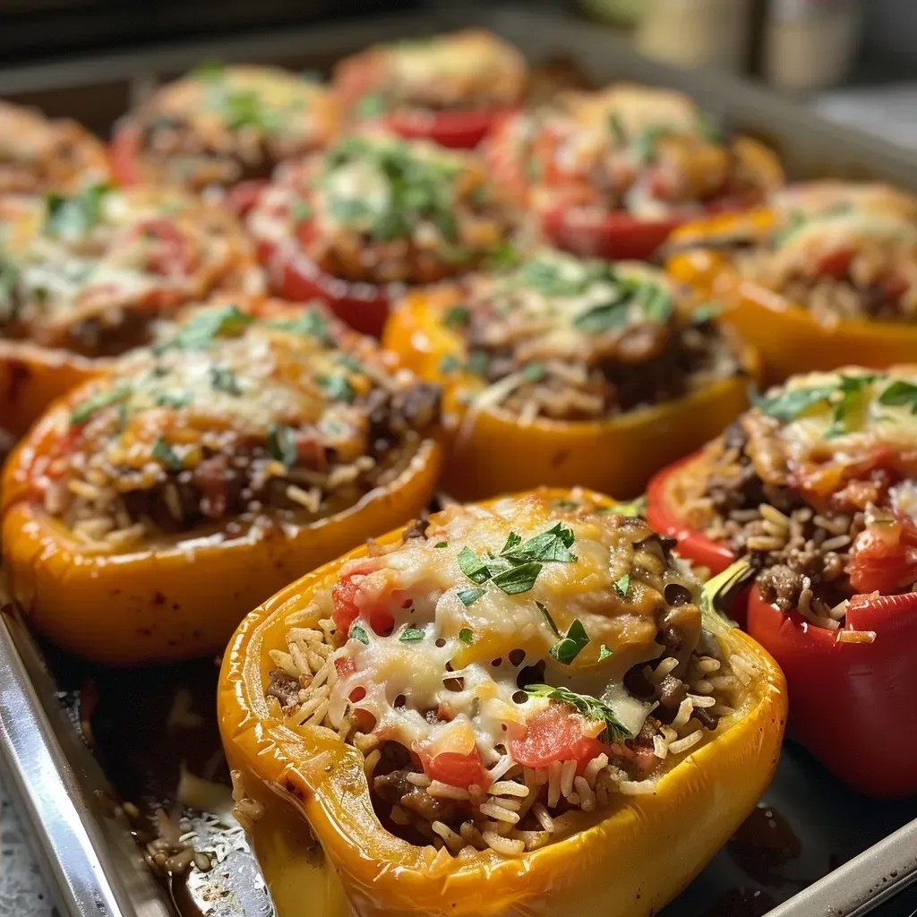 ['Close-up view of juicy stuffed peppers filled with ground beef and rice.', 'Colorful bell peppers cut in half, showcasing a savory filling of beef and tomatoes.', 'A side view of delicious stuffed peppers, vibrant and appetizing, topped with cheese.', 'Freshly prepared stuffed bell peppers displaying a rich mixture of ingredients inside.']