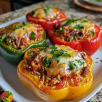 ['Close-up view of colorful stuffed bell peppers filled with beef and rice.', 'Side view of juicy stuffed peppers, vibrant colors, topped with melted cheese.', 'Close-up photo of stuffed peppers with ground beef, rice, and fresh herbs.', 'Delicious stuffed bell peppers, showcasing a hearty filling and tomato sauce.']