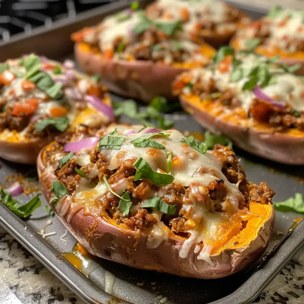 ['Close-up side view of a stuffed sweet potato filled with ground beef and melty mozzarella.', 'Juicy, baked sweet potato topped with seasoned ground beef and cheese, highlighting fresh ingredients.', 'Side view of a delicious stuffed sweet potato, showcasing a hearty filling of ground beef and vegetables.', 'Colorful stuffed sweet potato filled with seasoned meat and garnished with melted mozzarella cheese.']