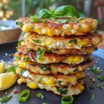 ['Close-up of golden Summer Corn and Mozzarella Fritters with scallions on a plate.', 'Juicy fritters made of fresh corn and mozzarella, garnished with herbs.', 'Side view of crispy corn and mozzarella fritters on a wooden table.', 'Delicious Summer Corn and Mozzarella Fritters served with lemon wedges.']