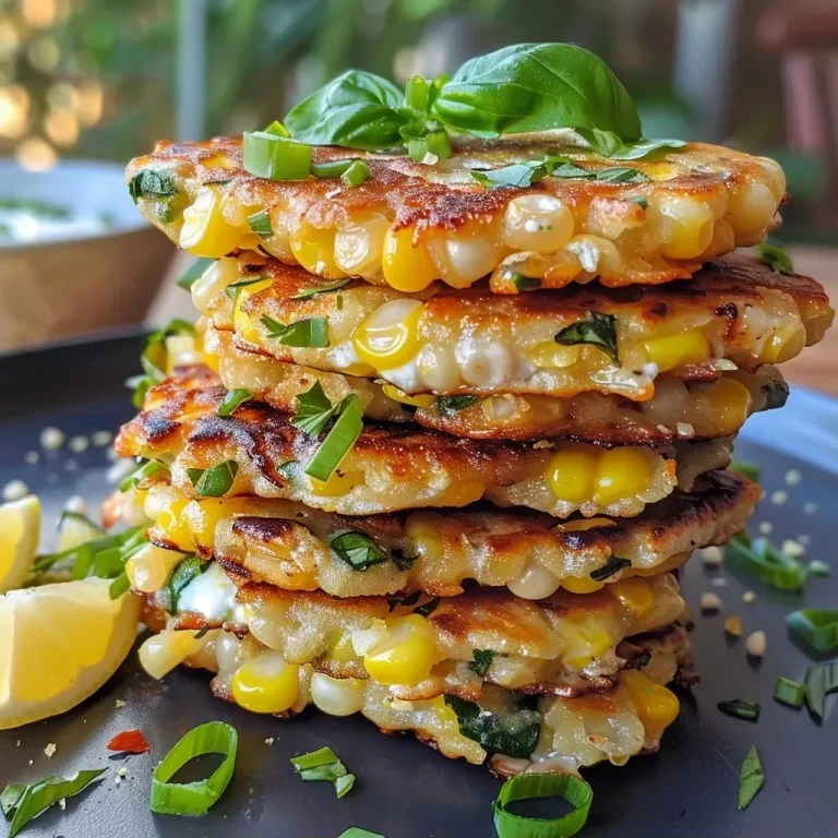 ['Close-up of golden Summer Corn and Mozzarella Fritters with scallions on a plate.', 'Juicy fritters made of fresh corn and mozzarella, garnished with herbs.', 'Side view of crispy corn and mozzarella fritters on a wooden table.', 'Delicious Summer Corn and Mozzarella Fritters served with lemon wedges.']