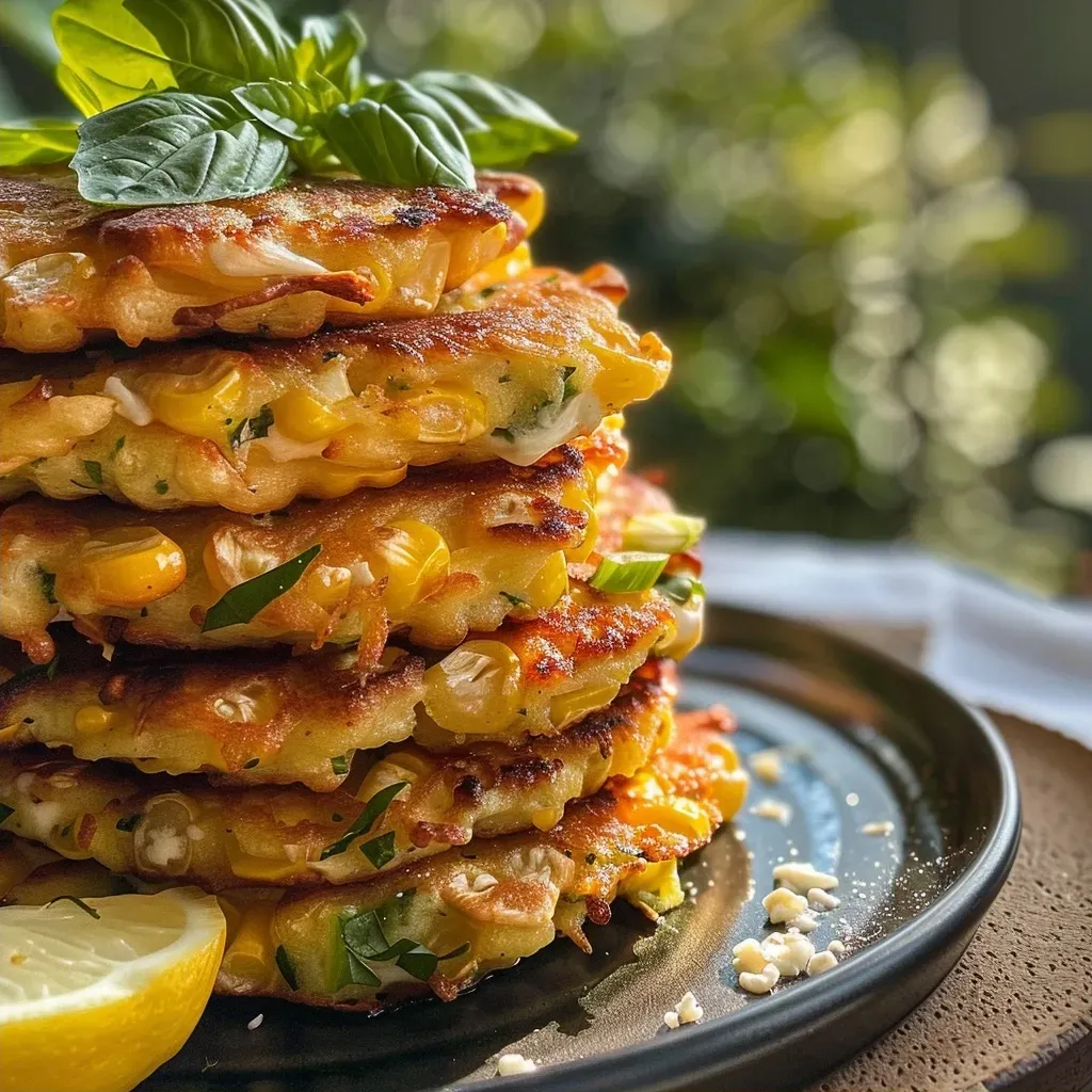 ['Close-up of golden Summer Corn and Mozzarella Fritters with scallions on a plate.', 'Juicy fritters made of fresh corn and mozzarella, garnished with herbs.', 'Side view of crispy corn and mozzarella fritters on a wooden table.', 'Delicious Summer Corn and Mozzarella Fritters served with lemon wedges.']