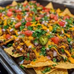 ['Close-up view of a vibrant plate of Super Nachos loaded with toppings.', 'Juicy Super Nachos piled high with cheese and fresh ingredients.', 'Delicious Super Nachos featuring melted cheese and diced vegetables.', 'Side view of colorful Super Nachos drizzled with cheese and garnished.']