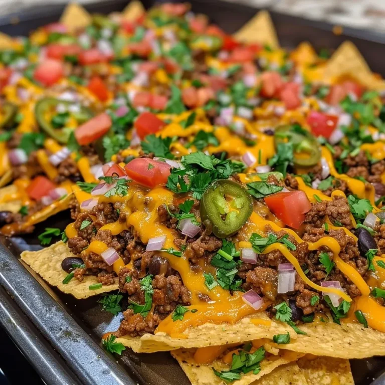 ['Close-up view of a vibrant plate of Super Nachos loaded with toppings.', 'Juicy Super Nachos piled high with cheese and fresh ingredients.', 'Delicious Super Nachos featuring melted cheese and diced vegetables.', 'Side view of colorful Super Nachos drizzled with cheese and garnished.']