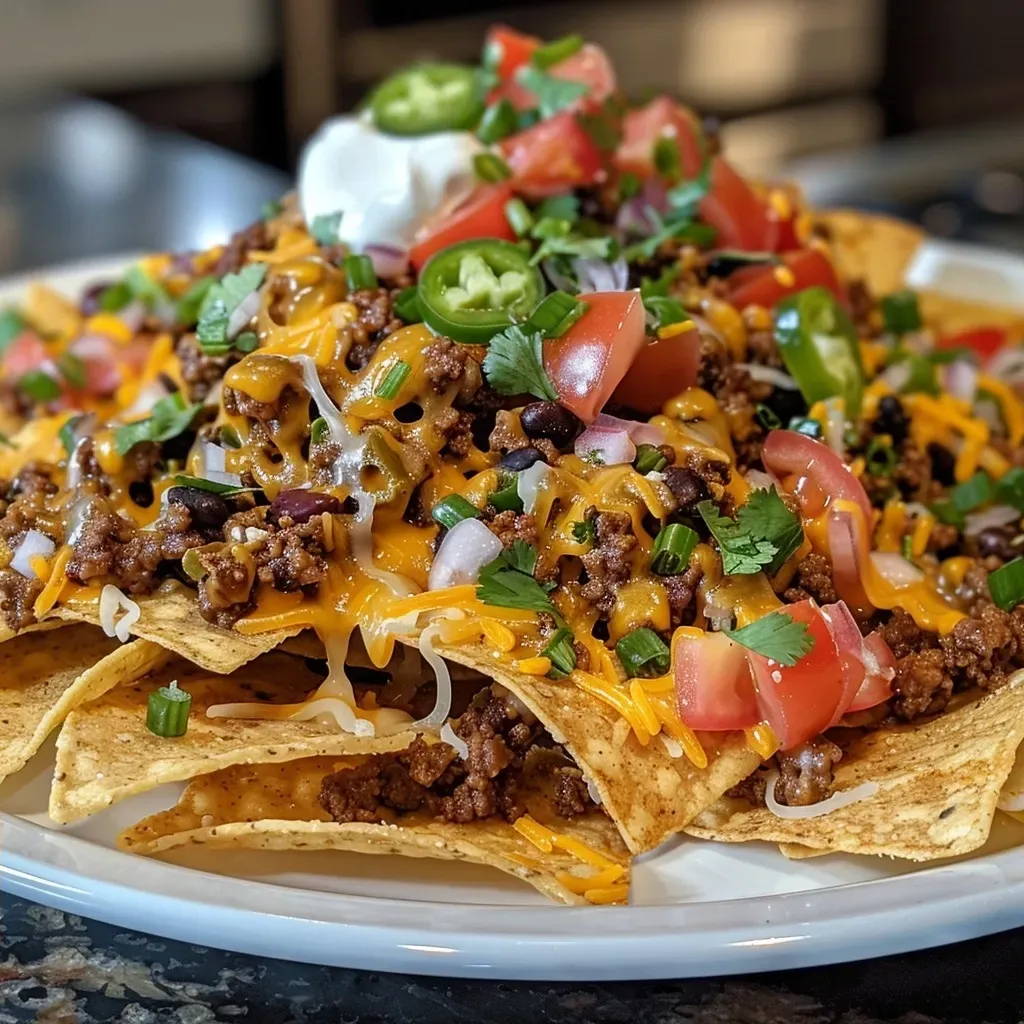 ['Close-up view of a vibrant plate of Super Nachos loaded with toppings.', 'Juicy Super Nachos piled high with cheese and fresh ingredients.', 'Delicious Super Nachos featuring melted cheese and diced vegetables.', 'Side view of colorful Super Nachos drizzled with cheese and garnished.']