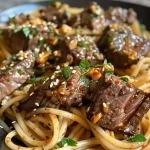 ['A close-up view of a plate of Sweet and Spicy Garlic Steak Pasta with juicy steak and vibrant garnishes.', 'Side view of a delicious bowl of Sweet and Spicy Garlic Steak Pasta showcasing tender steak pieces and shiny sauce.', 'Juicy Sweet and Spicy Garlic Steak Pasta displayed with garlic, greens, and a rich sauce in a close-up shot.', 'A tantalizing close-up of Sweet and Spicy Garlic Steak Pasta featuring steak cubes and colorful garnishes.']