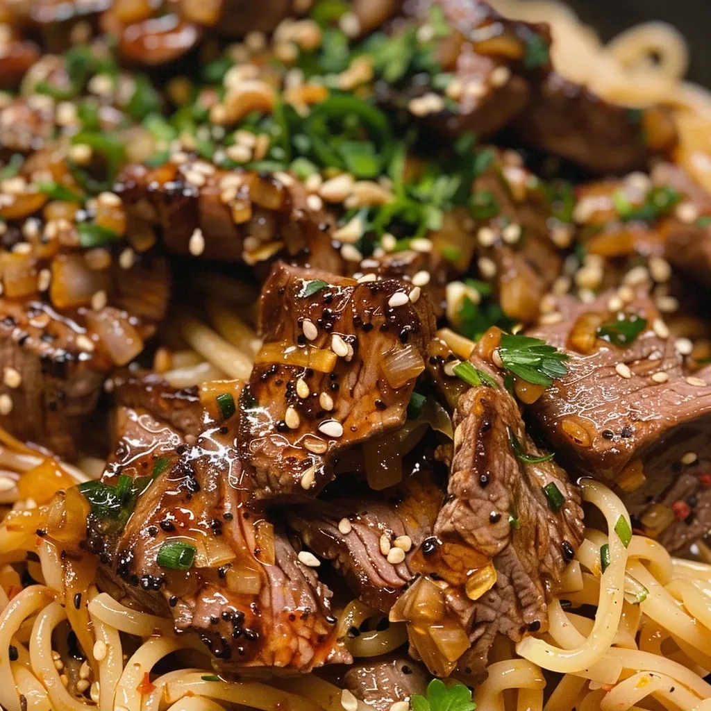 ['A close-up view of a plate of Sweet and Spicy Garlic Steak Pasta with juicy steak and vibrant garnishes.', 'Side view of a delicious bowl of Sweet and Spicy Garlic Steak Pasta showcasing tender steak pieces and shiny sauce.', 'Juicy Sweet and Spicy Garlic Steak Pasta displayed with garlic, greens, and a rich sauce in a close-up shot.', 'A tantalizing close-up of Sweet and Spicy Garlic Steak Pasta featuring steak cubes and colorful garnishes.']