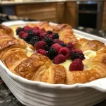 ['Close-up side view of a golden-brown Sweet Breakfast Casserole with visible croissant pieces and mixed berries.', 'A delicious sweet breakfast casserole featuring croissant cubes, cream cheese, and berries, captured from the side.', 'Side view of a luscious Sweet Breakfast Casserole showcasing fluffy croissants and a medley of colorful berries.', 'Detailed close-up of a Sweet Breakfast Casserole, highlighting the croissants and vibrant berries in a creamy mixture.']