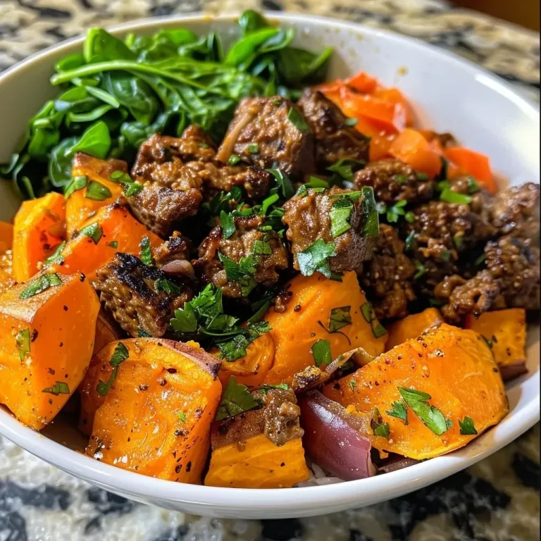 ['Close-up view of a Sweet Potato Beef Bowl featuring cubed sweet potatoes and ground beef.', 'Side view of a colorful Sweet Potato Beef Bowl, highlighting its juicy ingredients.', 'Detailed shot of a Sweet Potato Beef Bowl with visible layers of sweet potatoes, spinach, and beef.', 'Juicy and vibrant Sweet Potato Beef Bowl captured from the side, showcasing fresh ingredients.']