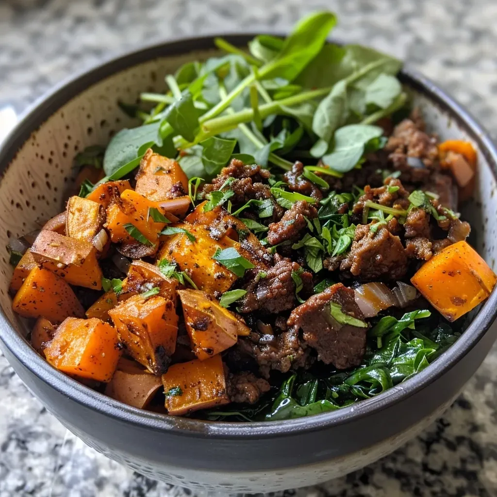 ['Close-up view of a Sweet Potato Beef Bowl featuring cubed sweet potatoes and ground beef.', 'Side view of a colorful Sweet Potato Beef Bowl, highlighting its juicy ingredients.', 'Detailed shot of a Sweet Potato Beef Bowl with visible layers of sweet potatoes, spinach, and beef.', 'Juicy and vibrant Sweet Potato Beef Bowl captured from the side, showcasing fresh ingredients.']