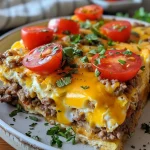 ['Close-up view of a delicious Taco Breakfast Casserole, showcasing layers of beef, cheese, and tomatoes.', 'Side view of a hearty Taco Breakfast Casserole, featuring golden cheese melted over a savory meat base.', 'Juicy Taco Breakfast Casserole with visible layers of bread, ground beef, and colorful tomatoes.', 'A mouthwatering Taco Breakfast Casserole, highlighting its cheesy layers and mixed ingredients.']